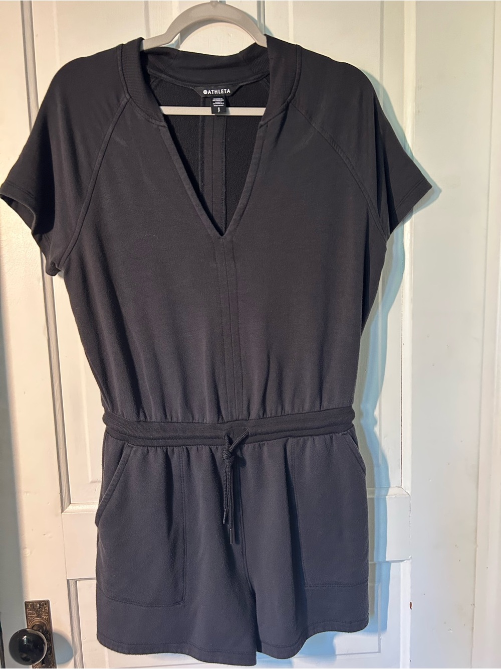 Athleta Black Short-Sleeve V-Neck Romper with Drawstring Waist